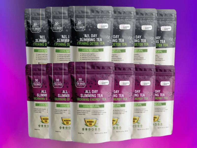 All Day Slimming Tea product bottles — morning energy tea and evening wellness supporttea